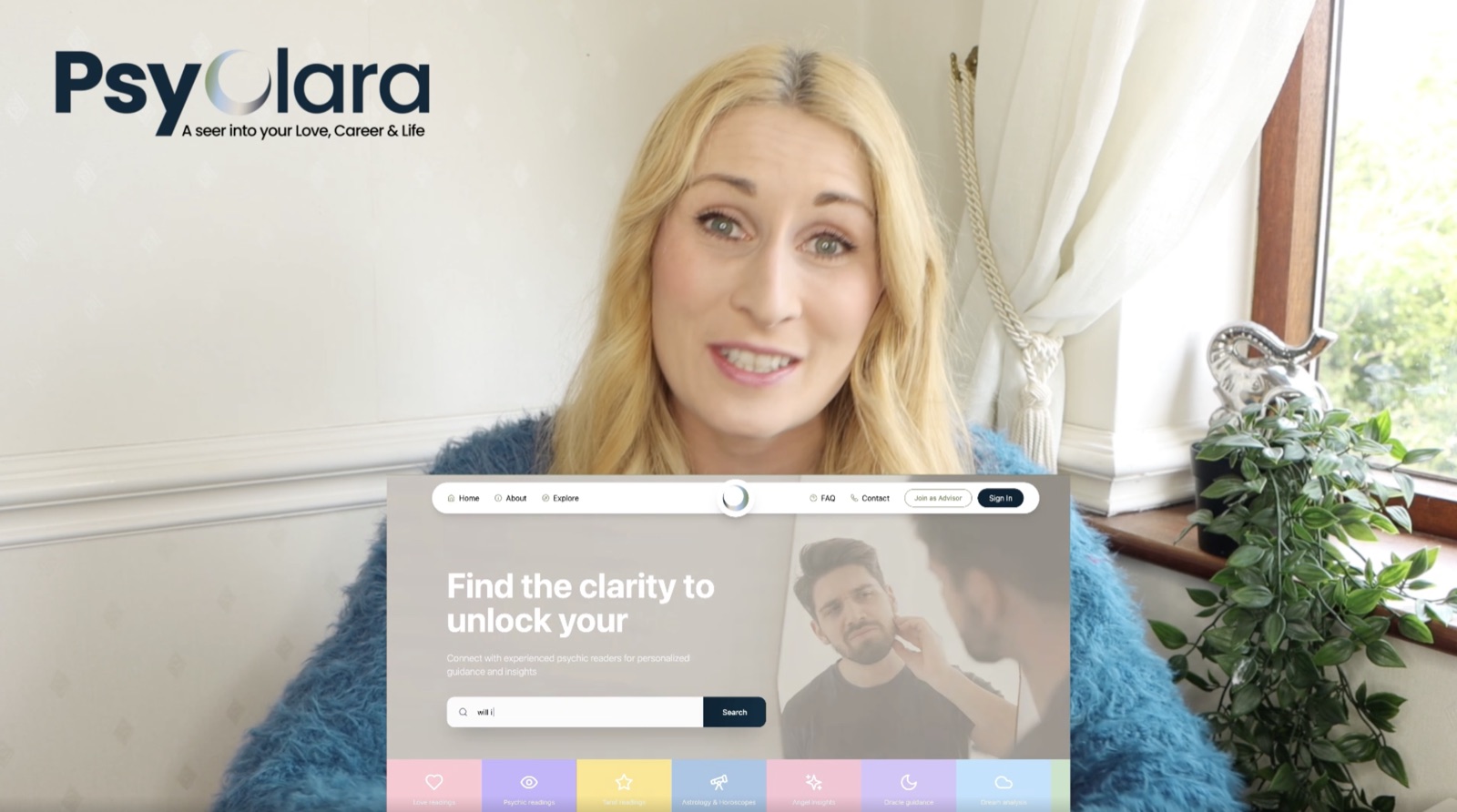 A PsyClara advisor introducing the platform, with a preview of the PsyClara website